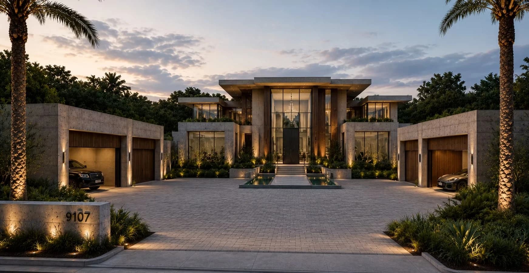FORTEX 002 render, 9107 Sloane Street, Lake Nona Golf & Country Club: front facade, courtyard and garages at dusk