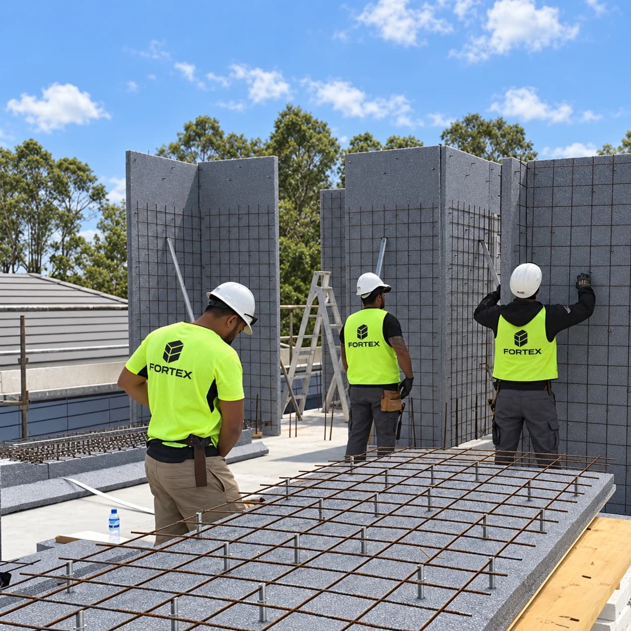FORTEX crew setting insulated wall panels on site, slab reinforcement in the foreground, illustrative
