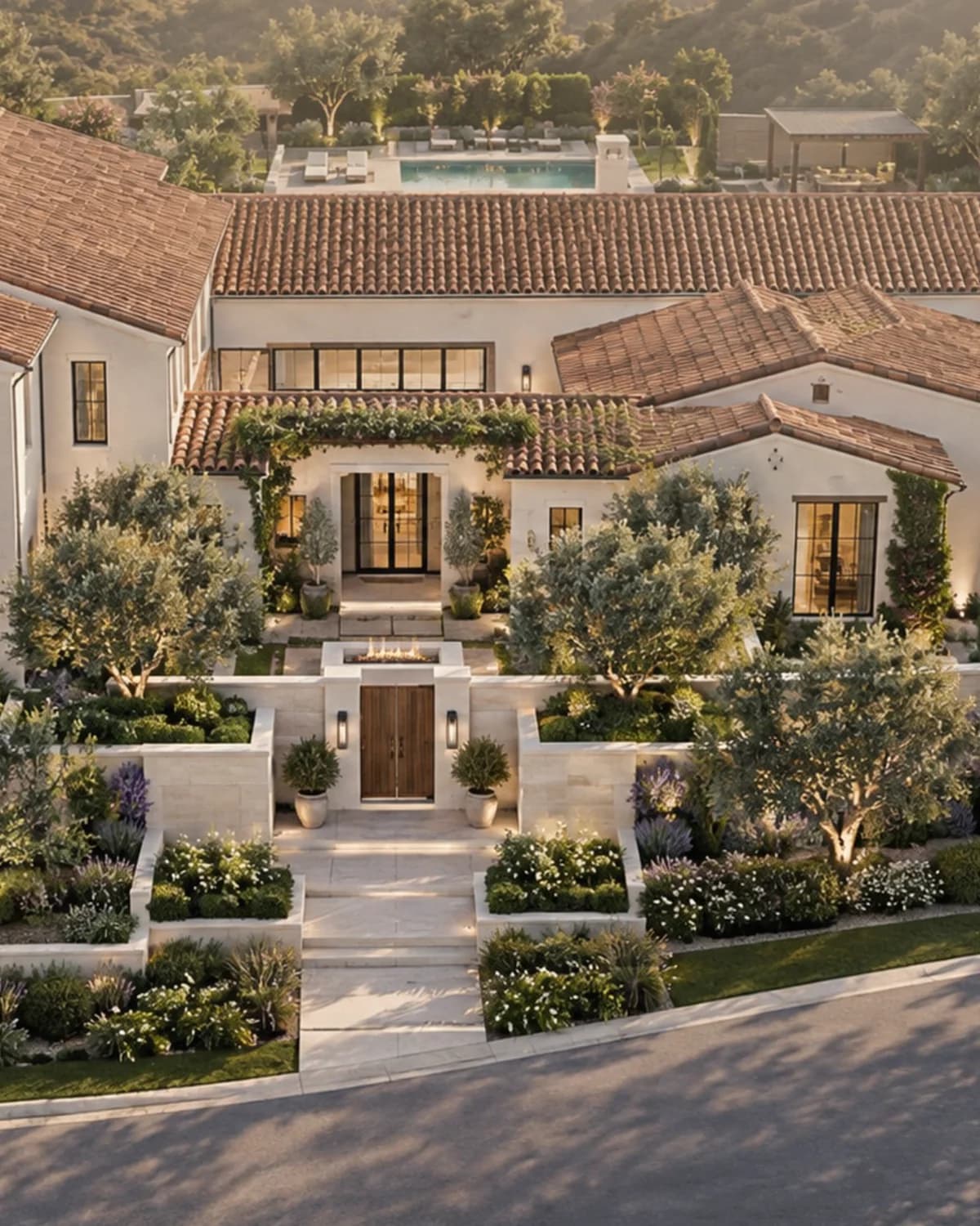Architectural render of a modern concrete residence in a California canyon landscape, with wildfire smoke haze over the distant hills.