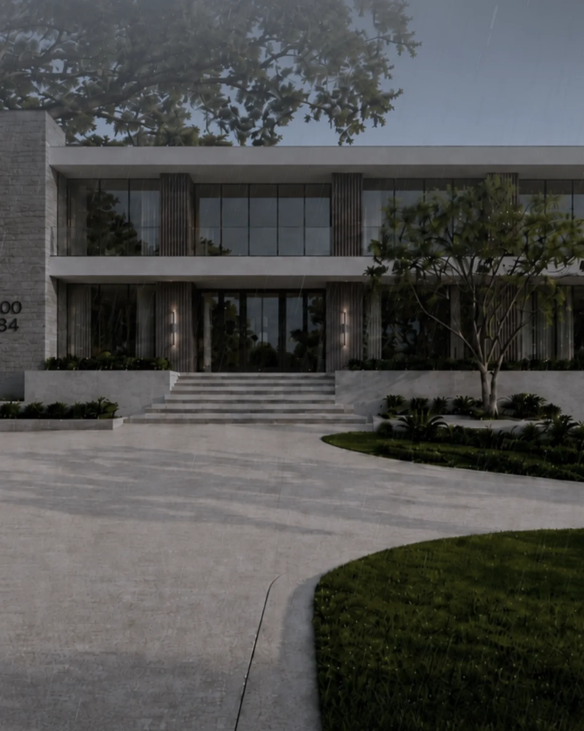 Architectural render of a substantial modern concrete residence in Florida under heavy wind-driven rain and an overcast sky.