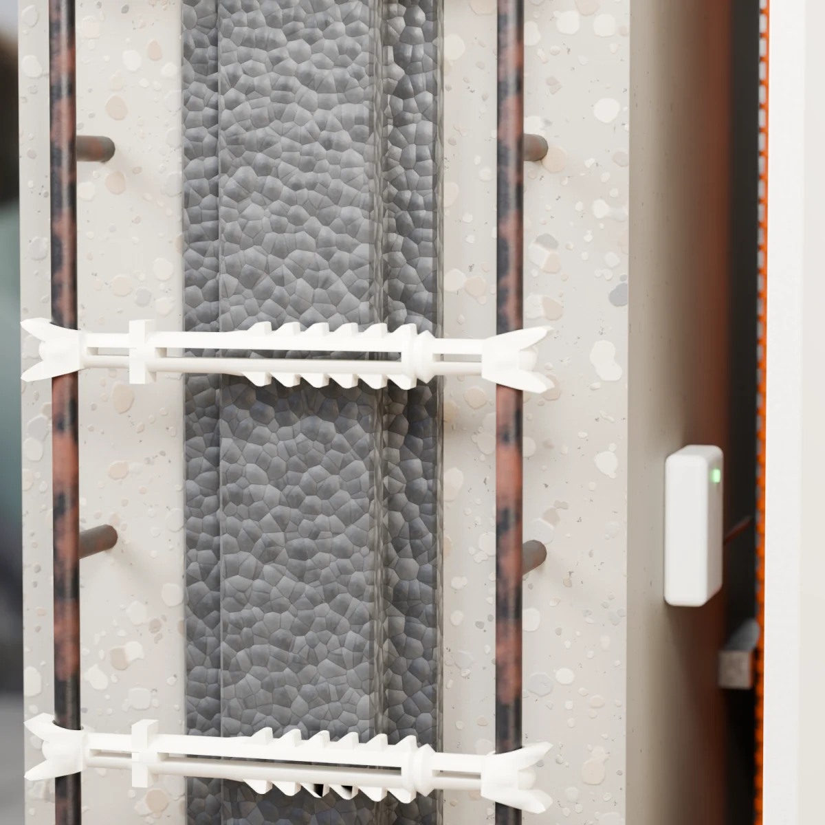 Section through the xShield wall: continuous EPS core, X-Lock connector, reinforcement, and an optional monitoring sensor in the service cavity, illustrative rendering