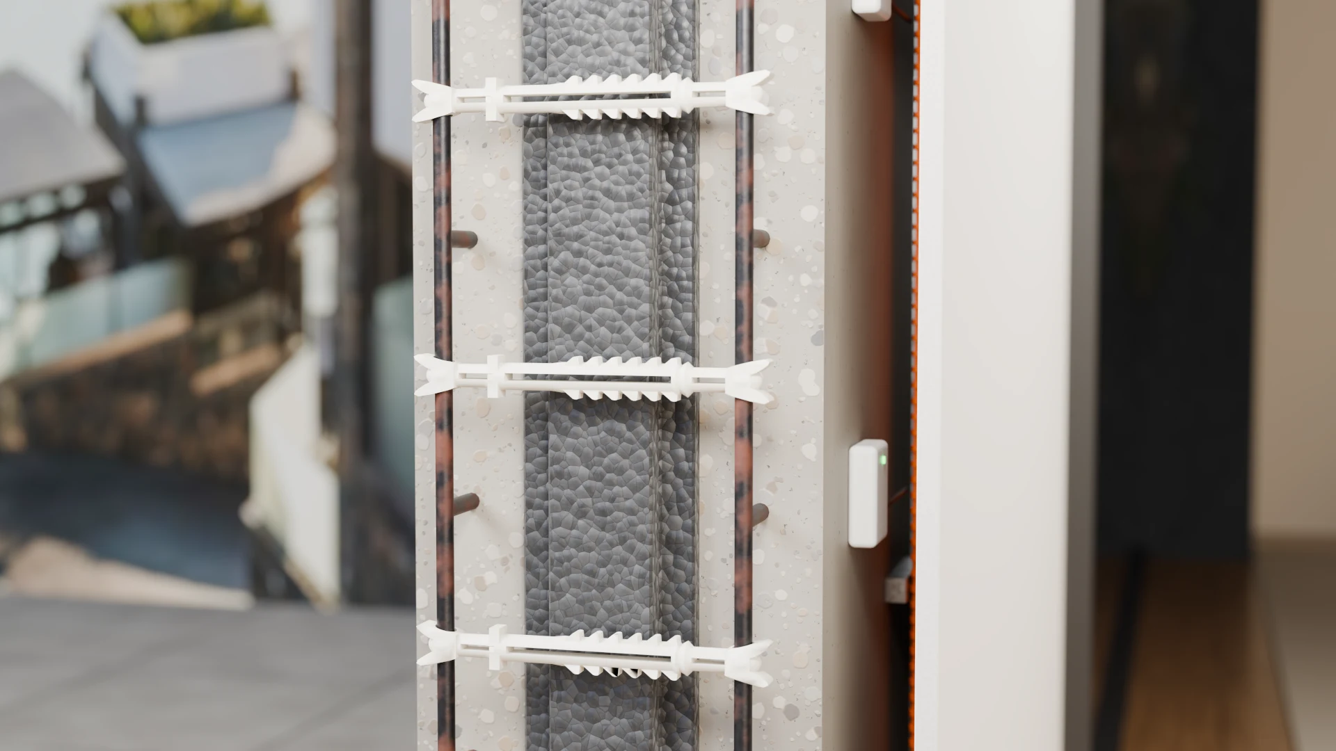 Section through an xShield wall between a terrace and a finished interior: reinforced-concrete shells, welded-wire reinforcement, continuous graphite EPS core, X-Lock connectors, interior service cavity with optional sensors, illustrative rendering